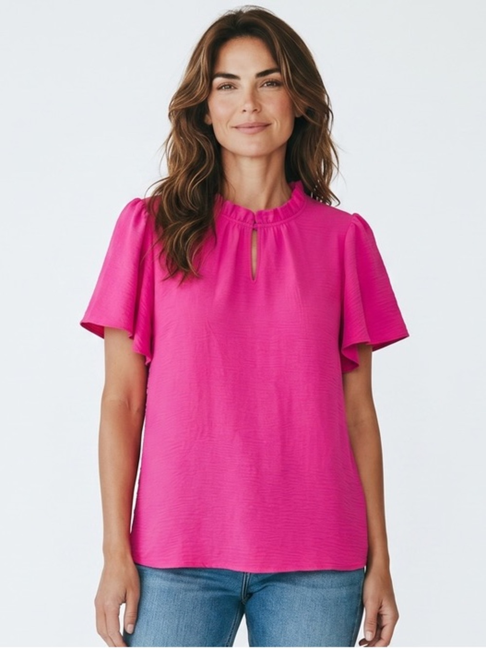 JODIFL Boutique Ruffle Neck Flutter Sleeve Top - Hot Pink